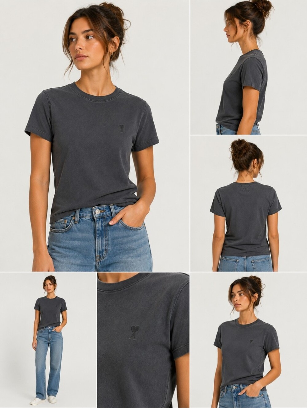 AMI Alexandre Mattiussi Gray Tonal Heart Logo T-Shirt Crew Neck Designer Tee S